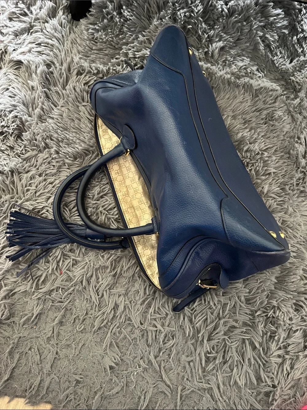 Banana Republic Navy Leather Satchel with Tassel and Gold Hardware